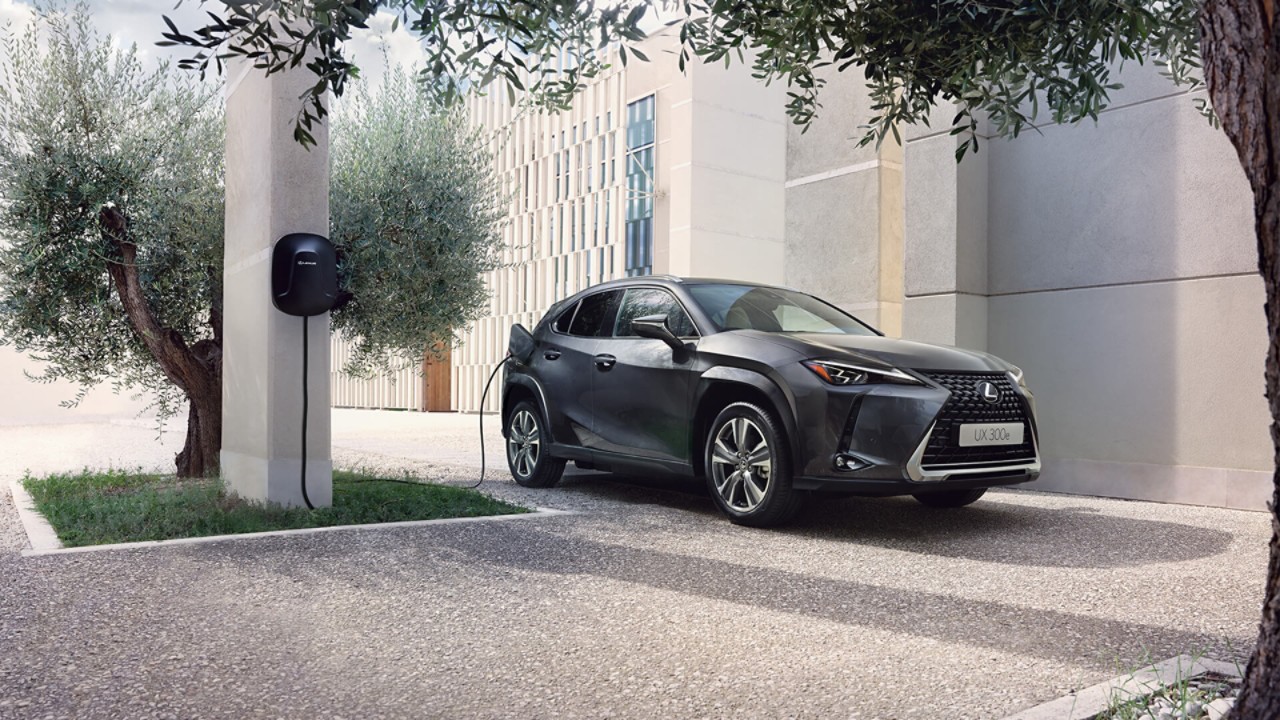 Lexus UX 300e plugged into a charging wallbox