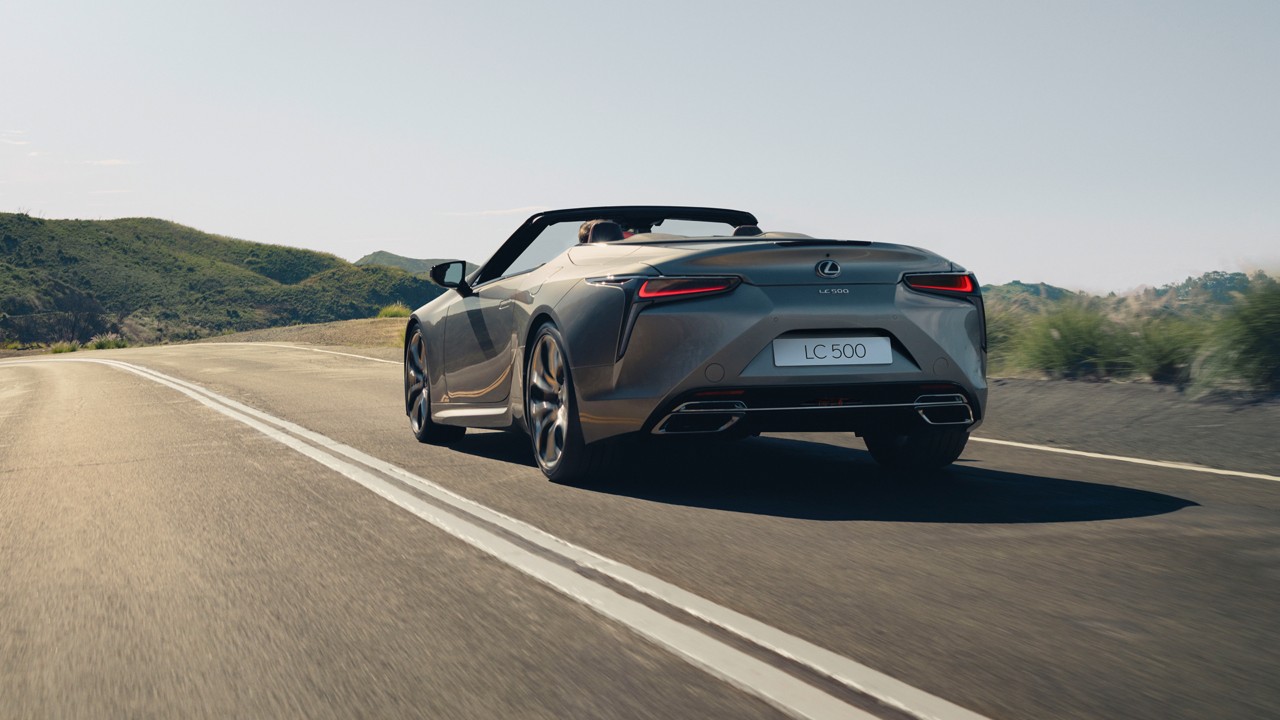 Rear view of the Lexus LC Convertible with it's roof down