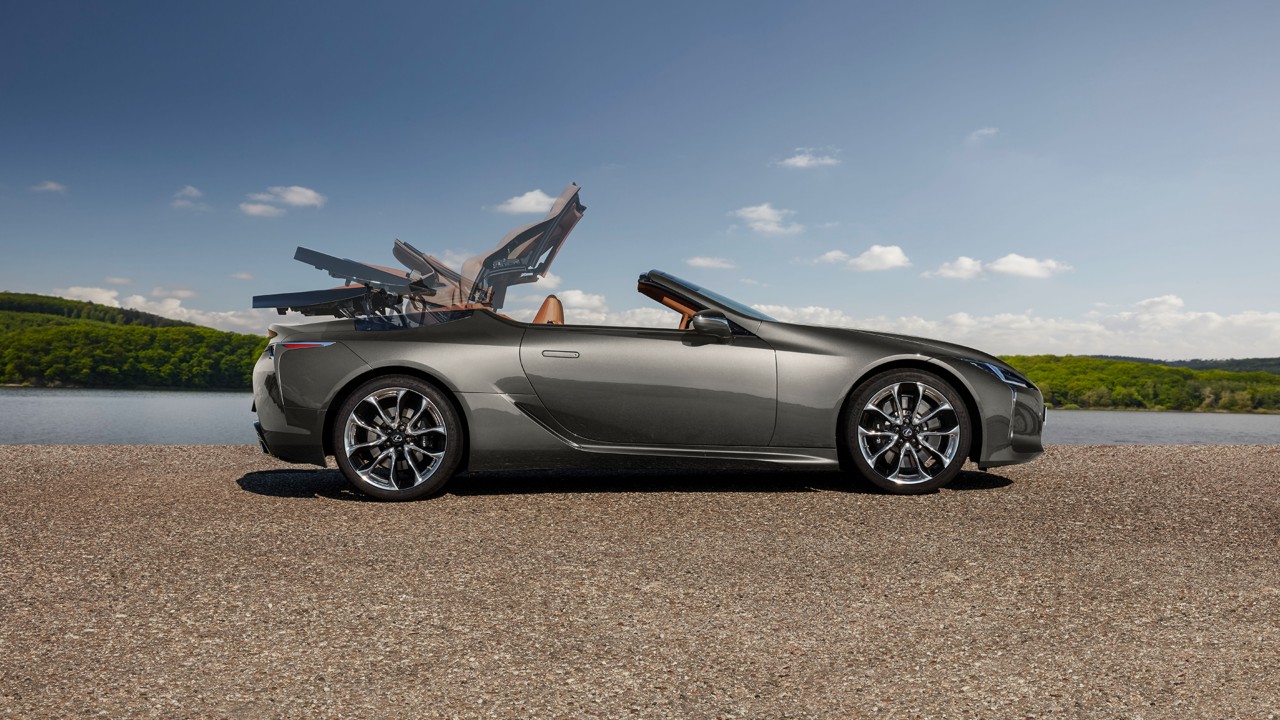 Lexus LC Convertible with its roof retracting 