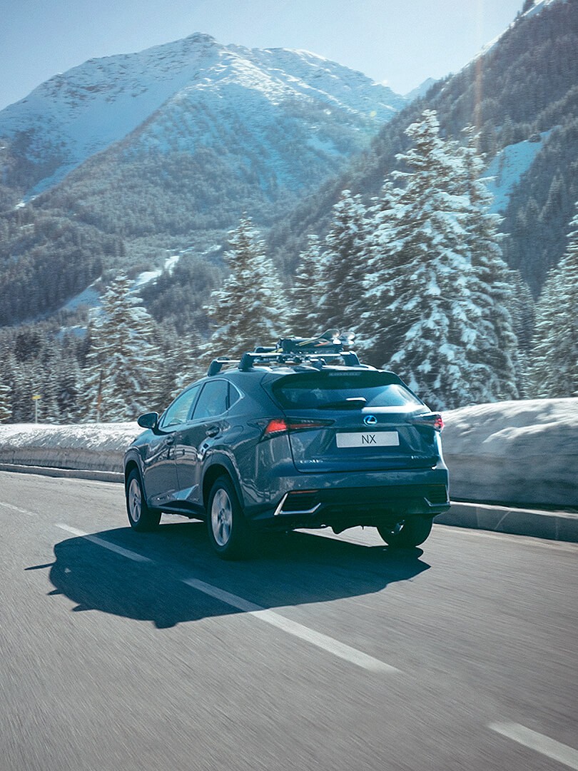 A Lexus UX driving in a mountainous setting 