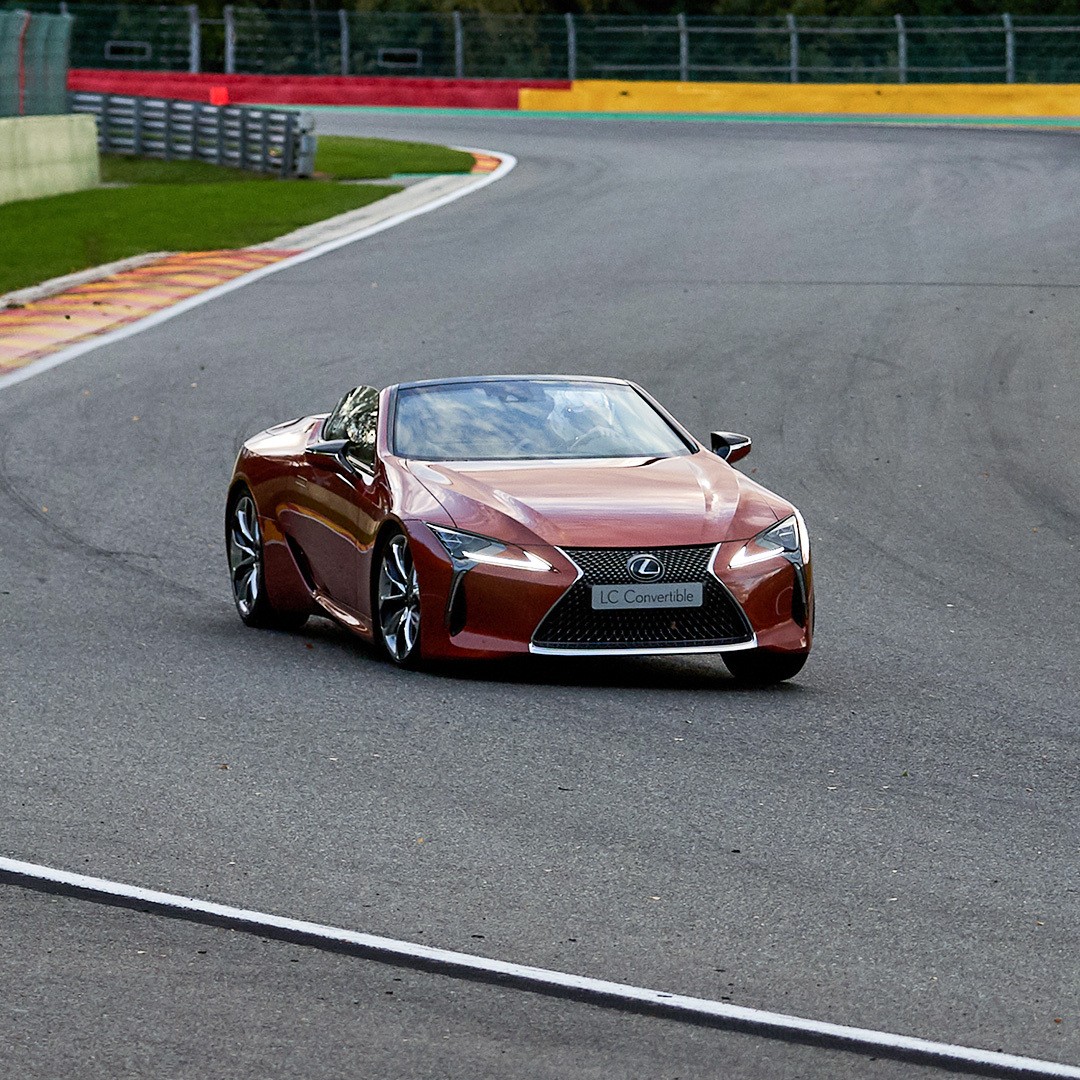 Lexus LC Convertible driving on a racetrack