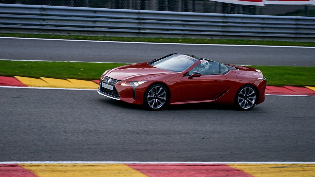 Lexus LC Convertible driving on a racetrack 